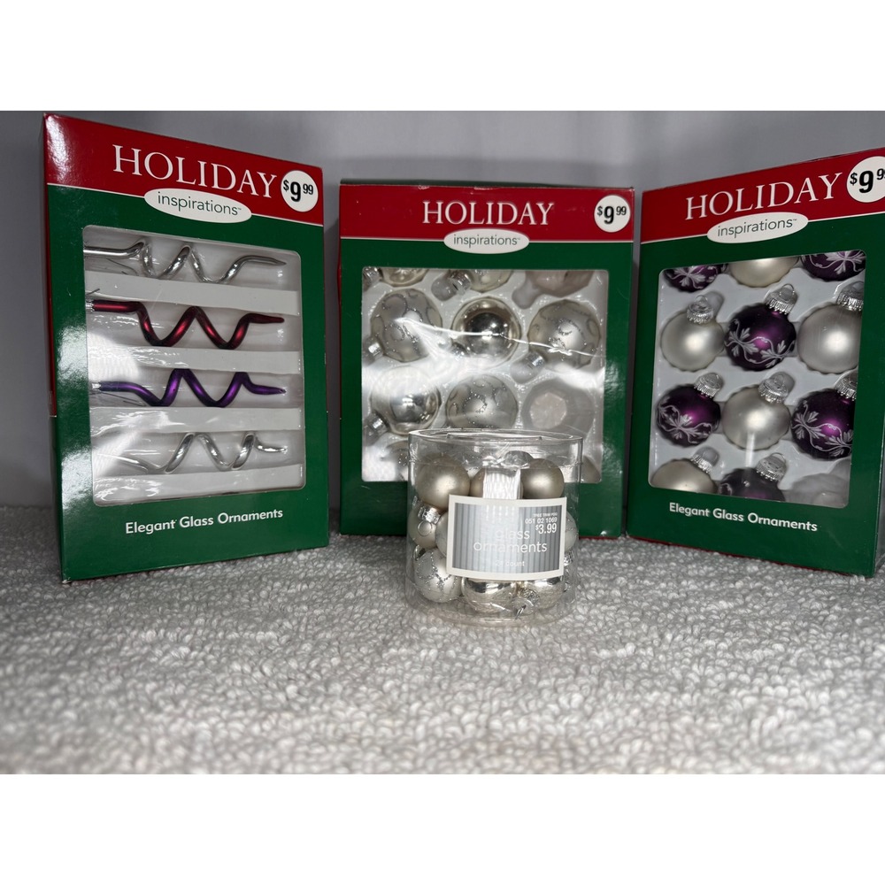 Holiday Inspirations Glass Ornament Lot Purple Silver Champagne Spiral Round 6pk